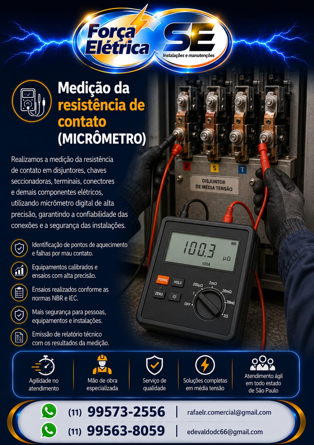 Força Elétrica — Medição da resistência de contato (Micrômetro)