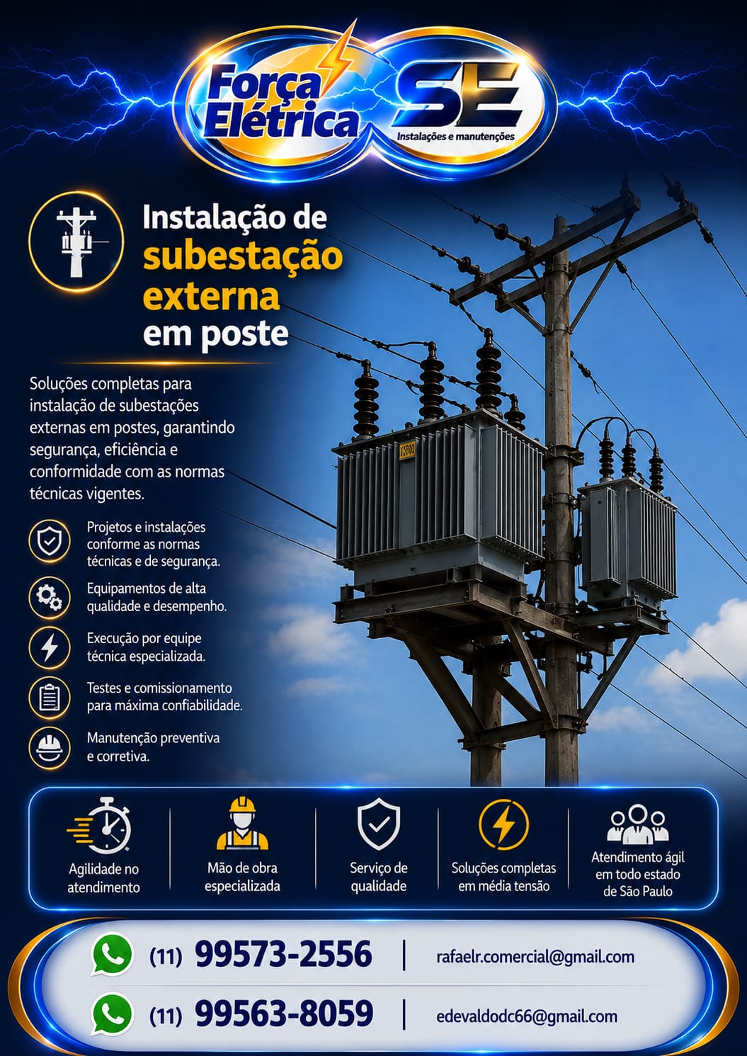 Força Elétrica — Instalação de subestação externa em poste