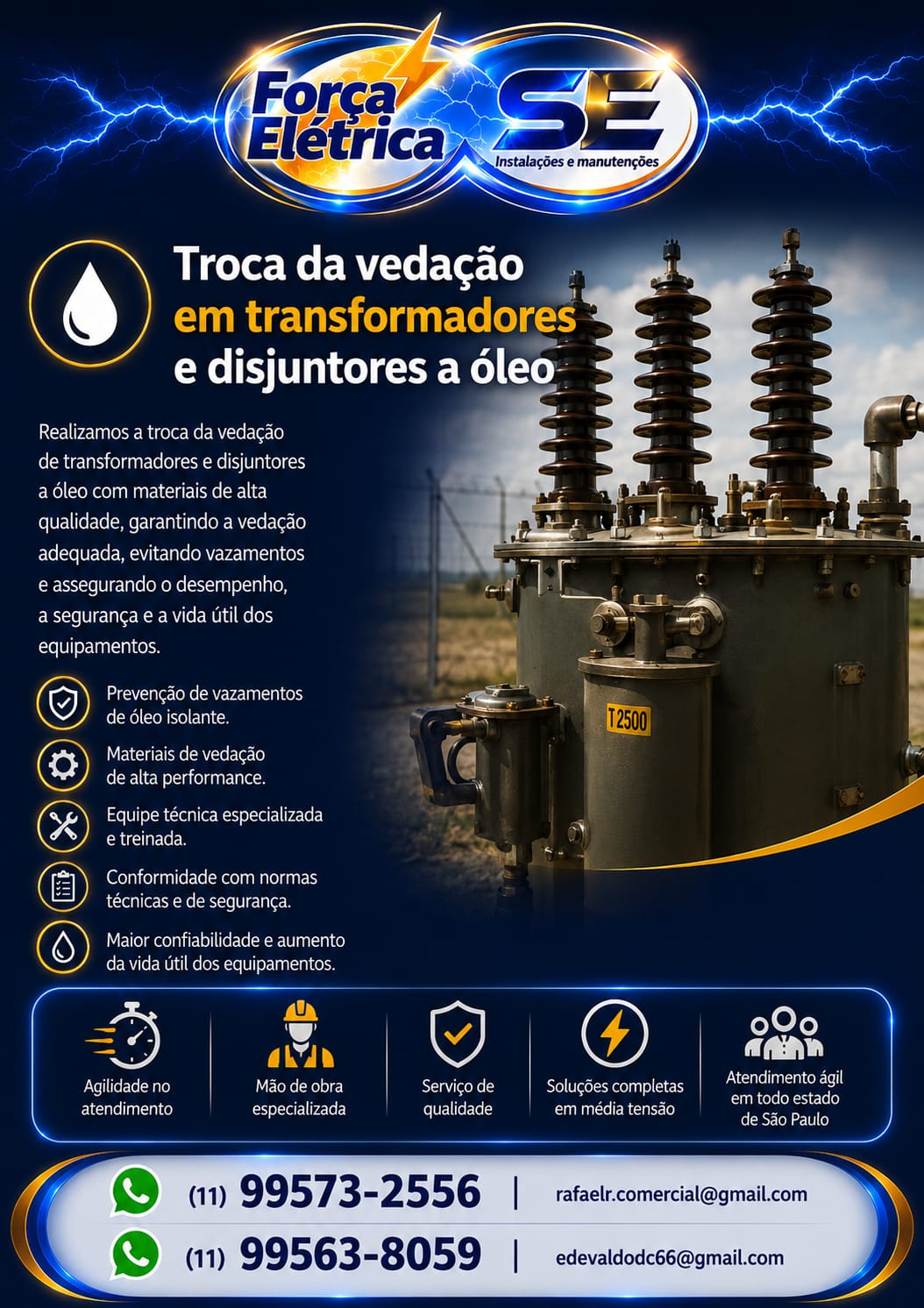 Força Elétrica — Troca da vedação em transformadores e disjuntores a óleo